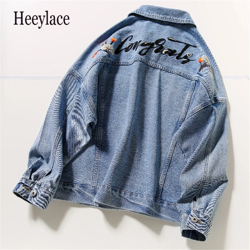 

Plus Size 2019 New BF Harajuk Loose Denim Jacket Women Embroidery Jeans Coat Hip Hop Print Jeans Jacket Casual Women Jacket 5XL