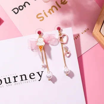 

12pairs/lot South Korea Summer Sweet Ice Cream Chiffon Butterfly Knot Loving Asymmetry Long Sulphur Earrings Girl Heart Earrings
