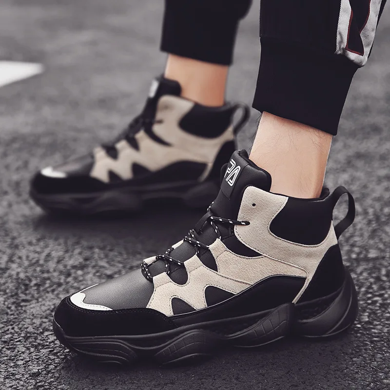 2018 Autumn Winter Men's High   Fashion Cotton Shoes All-match Sports Shoes Men's Leather Casual Shoes