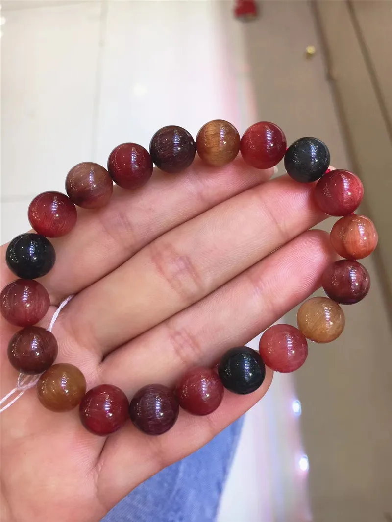 

9.8mm Natural Colorful Rutilated Quartz Crystal Bracelet Women Love Gift Charms Round Bead Stone Cat Eye Luxury Stretch Jewelry