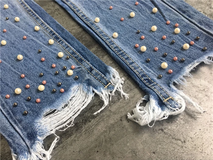 2017 fashion European and American women's high waist Slim straight pearl 3-color studs irregular feet tassel washed cowboy trousers (24)