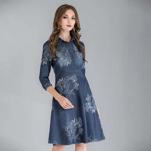Spring Autumn Embroidery Floral Vintage Denim Dress Women Plus Size 5xl Slim Jeans Casual Dress Female Elegant Party Dresses
