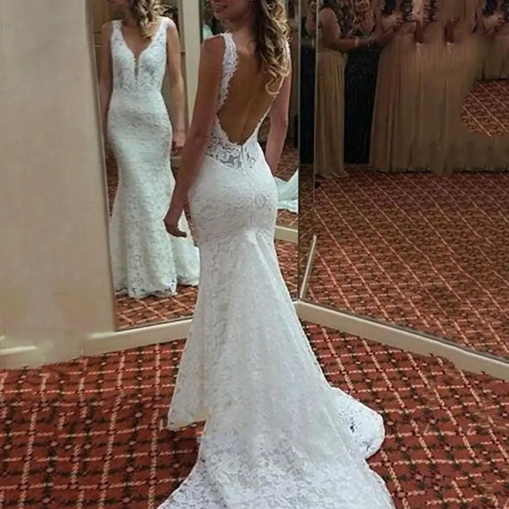 

Full Sexy Lace Mermaid Backless V neck Wedding Dress Train Bridal Gowns vestido de festa longo Free Shipping