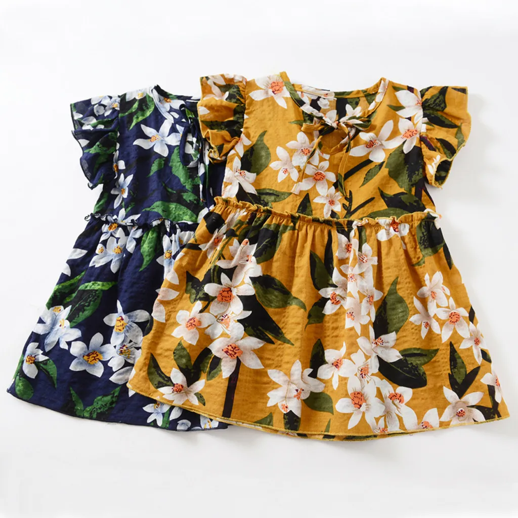

Stylish personality with ruffled floral print for casual comfort Girls Fly Sleeve Ribbons Ruched Floral Princess Dresses F4