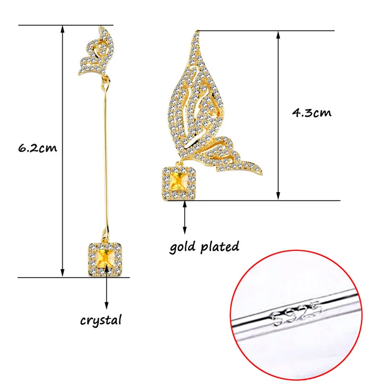 SINLEERY, роскошные асимметричные серьги с крыльями бабочки, кубический цирконий, квадратная подвеска, длинные висячие серьги для женщин, свадебные ювелирные изделия ES241 SSG