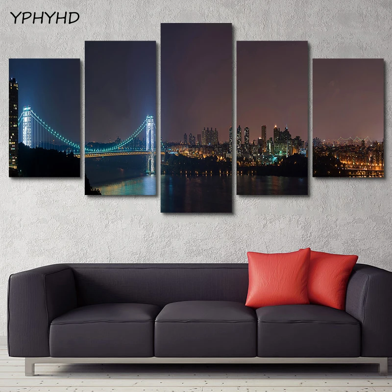YPHYHD 5 шт. неоновый длинный мост город ночной вид HD Печать холст Картина модульная