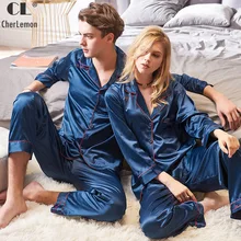 CherLemon пара Премиум атласная однотонная Пижама Осенняя Женская и мужская с длинным рукавом на пуговицах Мягкая Шелковая пижама темно-синего цвета