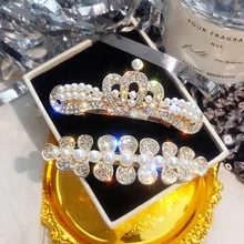 FYUAN, корейский стиль, полные стразы, шпильки для женщин, Bijoux, изысканная Корона, лист, кристалл, жемчуг, свадебные аксессуары для волос, ювелирные изделия