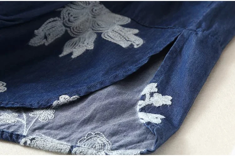 Женская джинсовая Блуза с вышивкой в стиле ретро, повседневная синяя джинсовая рубашка с v-образным вырезом и длинным рукавом, модная весенняя офисная блуза