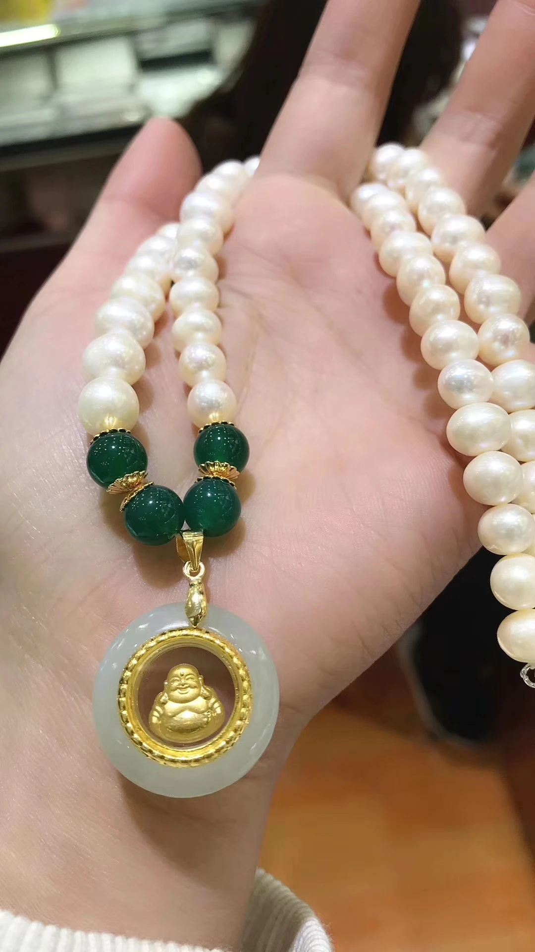 

New Natural 24k Gold Chinese White Jade Buddha Pearl Necklace 8 Mm Beads Morther Gift Jewelry