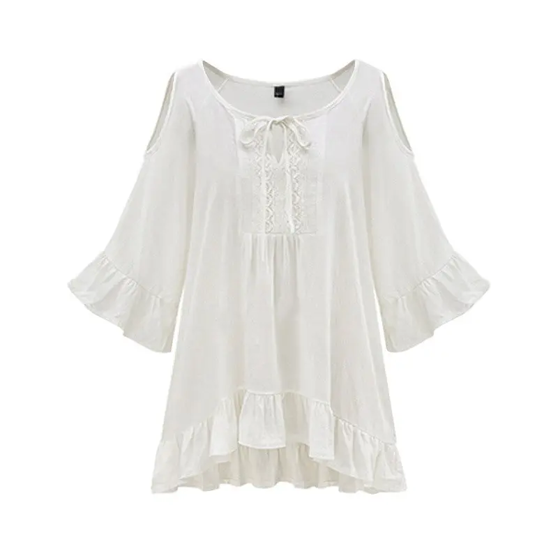 Vente Off épaule 3 4 Flare Manches Blouse Shirts Col Rond Casual Slim Chemises de Femmes Vêtements Grande Taille Blusas