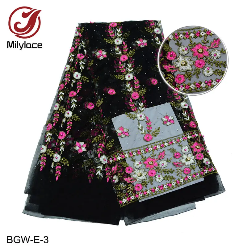 Milylace популярный дизайн, розовая кружевная ткань, вышитая бисером, Африканское свадебное платье, кружевная ткань, 5 ярдов в партии, сетка, тюль, кружево, BGW-E - Цвет: black