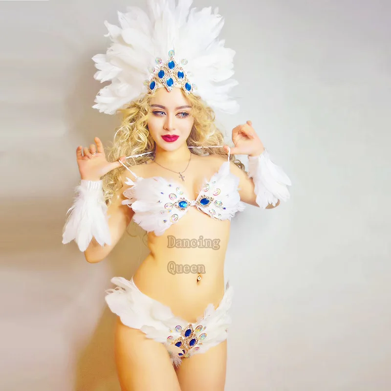 

Sexy white feathered headdress bra shorts combo set flash glass diamond dancer costume nightclub concert singer DJ.