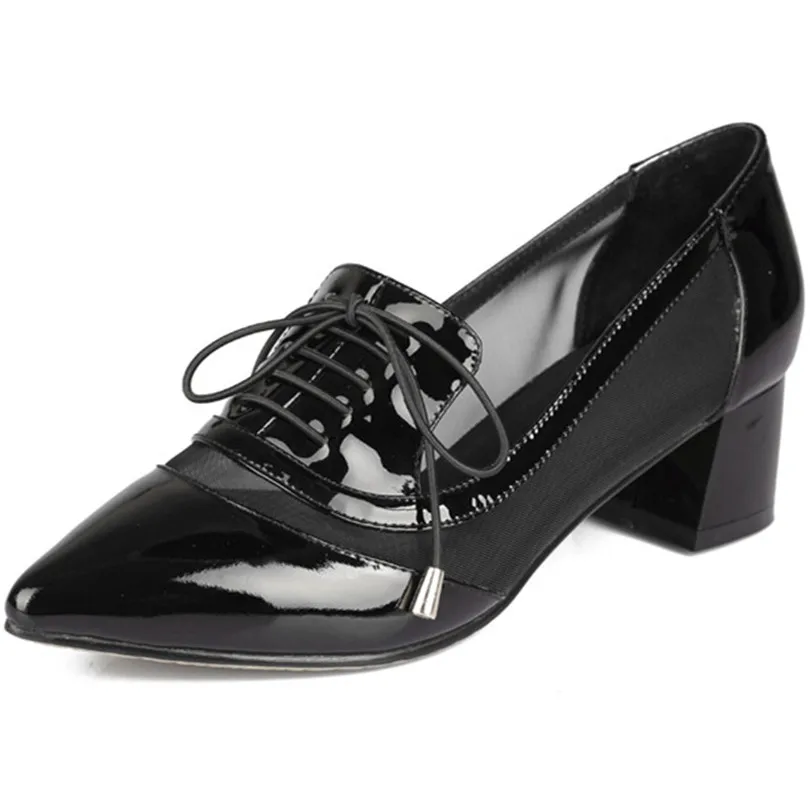 

Patchwork Cow Leather+mesh Shoes for Girls Pointed Toe Square Heels Lace-up Women Flats Solid Basic Style Casual Flats