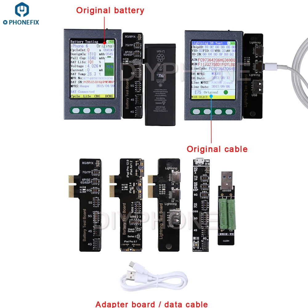 

PHONEFIX Battery Test Box for Apple iPhone iPad with Battery Data Cable Test Board Battery Status Tester One Key Clear Cycle