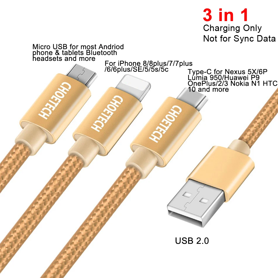 CHOETECH 3 в 1 Usb кабель для зарядки Micro type C кабель 3 в 1 USB кабели для мобильных телефонов для iphone 8 plus samsung xiaomi