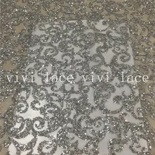 5 ярдов D204 серебро клееного печати Блестящий тюль в африканском стиле индийское платье кружевной ткани для распиловки свадебное платье