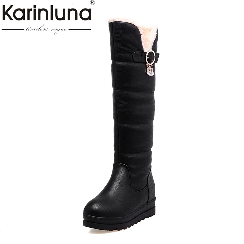 

KARINLUNA 2018 Large Size 33-44 Black White Women Shoes Casual Platform Add Warm Fur Long Plush Winter Snow Boots Waterproof
