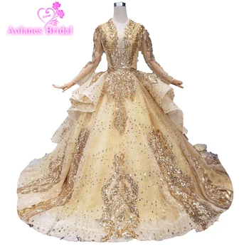 شراءمجموعة ترتر براقة ثوب الكرة الخامس الرقبة الذهب Quinceanera فساتين 2019 الفاخرة العربية دبي طويلة حلوة 16 فساتين لحضور الحفلات الموسيقية Vestido De 15 Anos