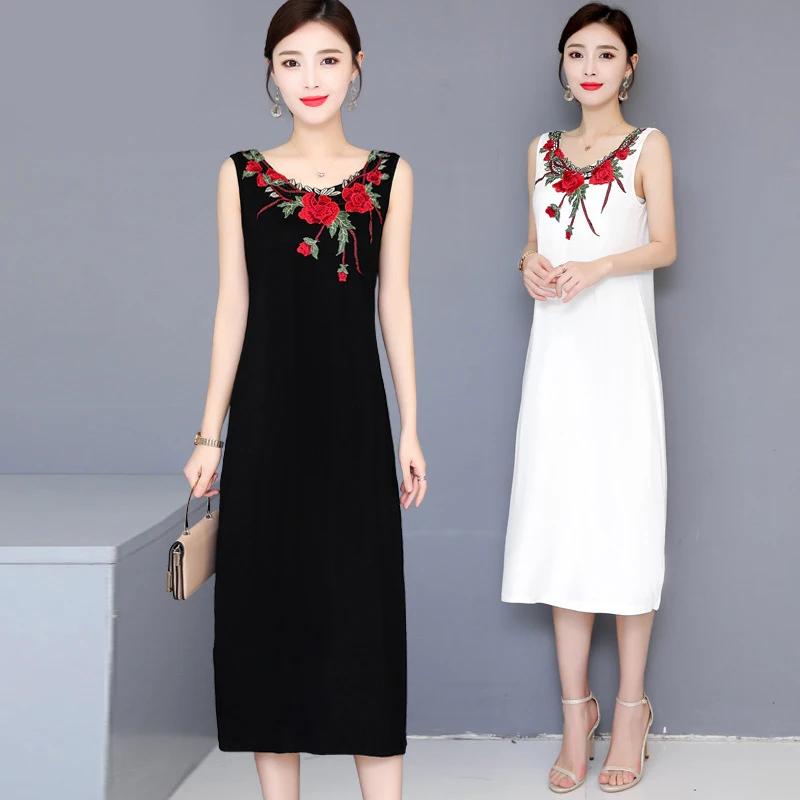 

2019 Women Fashion Vintage Floral Embroidery Dress Summer O-neck Sleeveless Casual Party Dresses Vestidos Plus Size