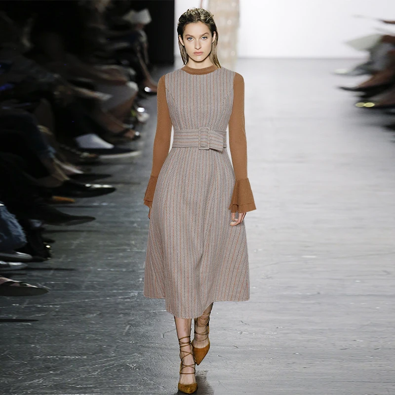 

Hot Sale Women O-Neeck Flare Sleeve Top And Stripe Print Set Dress