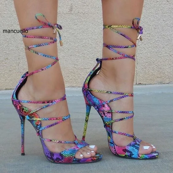 

Fancy Women Colorful Snakeskin Cross Strap Rope Style Stiletto Heels Dress Sandals Sexy Peep Toe Lace Up Sandals New Arrival