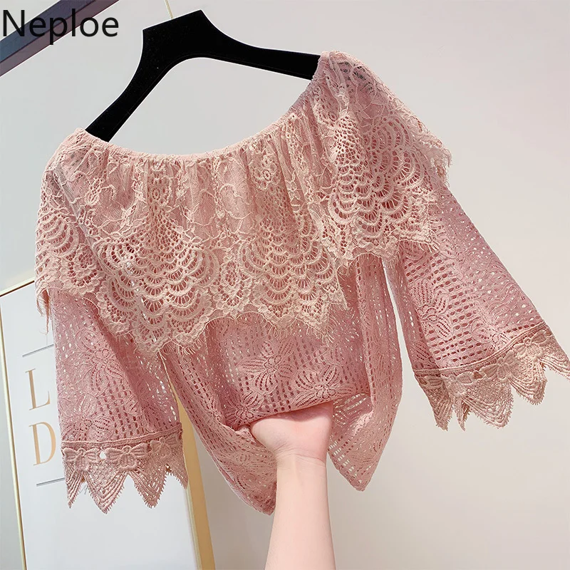 

Neploe Slash Neck Lace Shirt Sexy Strapless Ruffles Blouse Hook Flower Hollow-out Half Flare Sleeve Blusas Women Tops 53454