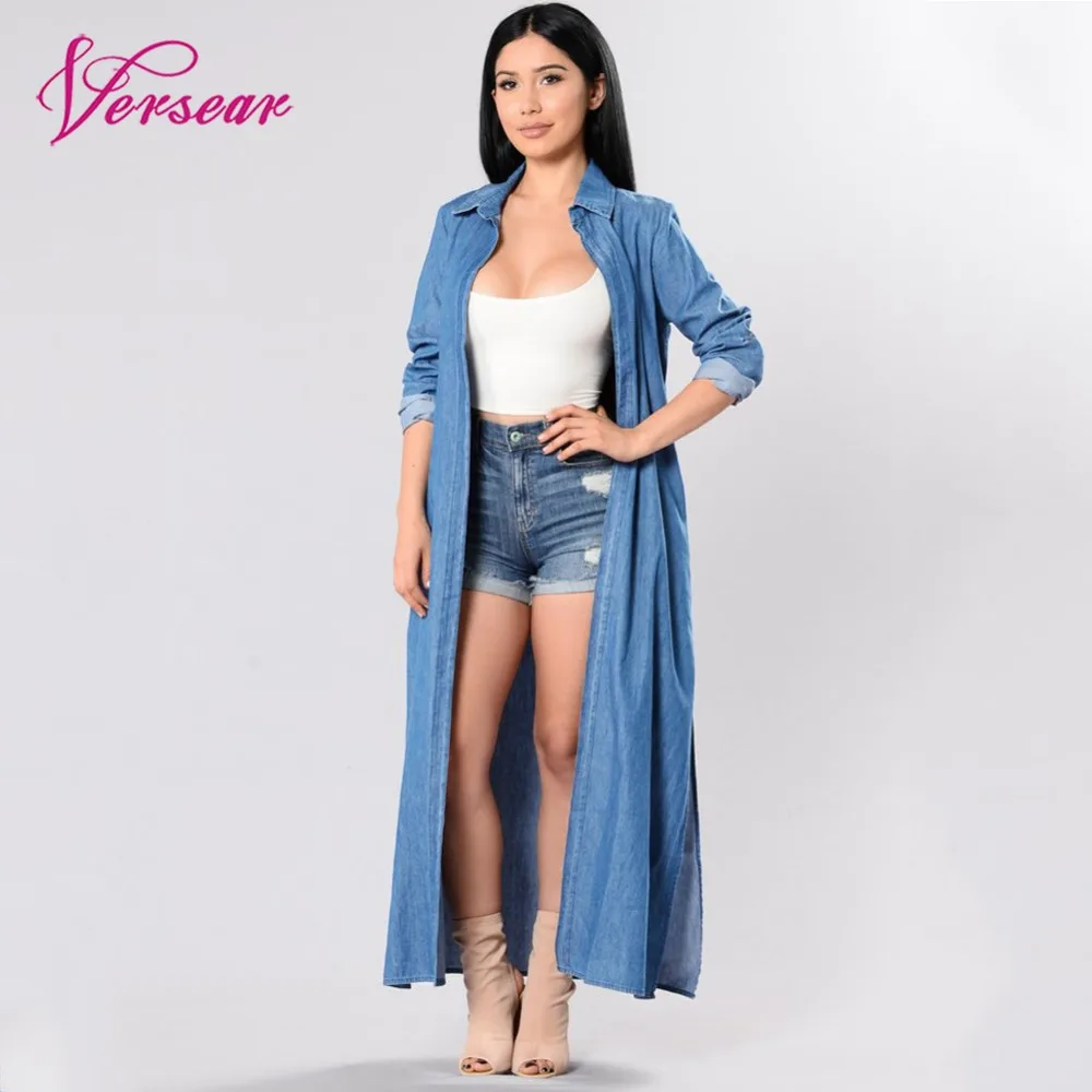 

Versear 2019 Fashion Denim Trench Coat for Women Open Front Long Sleeve Side Slit Long Overcoat Casual Blue Outwear Windbreaker