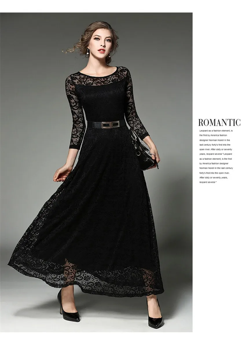 Элегантное черно-белое кружевное платье новая весенняя мода женское винтажное длинное платье макси с рукавом 3/4 вечерние платья Vestidos