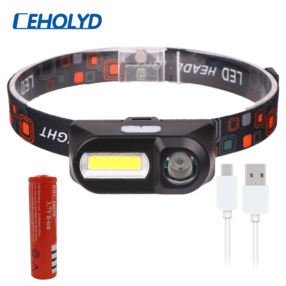 

Mini COB LED Headlight Headlamp Head Lamp Flashlight USB Rechargeable 18650 Torch Camping Hiking Night Fishing Light