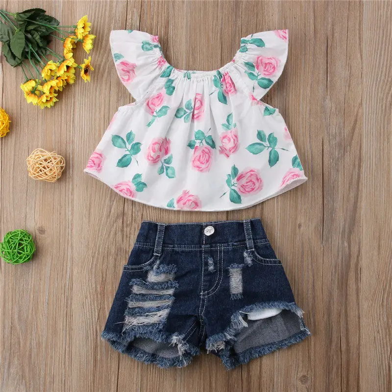 PUDCOCO 2PCS Toddler Kid Baby Girl Off Shoulder Tops +Denim Shorts