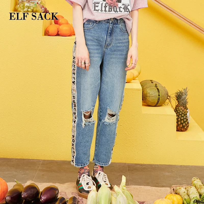 ELFSACK Spring New Oversized Jeans Woman Casual Straight Cotton Women Trousers Mid Waist Light Loose Ladies Plaid Pants