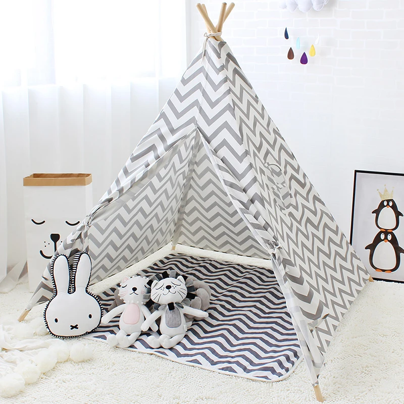 Детская палатка-Типи 4 полюса хлопок холст индийская игрушечная палатка для детей серый волнистый узор портативные домики для детей