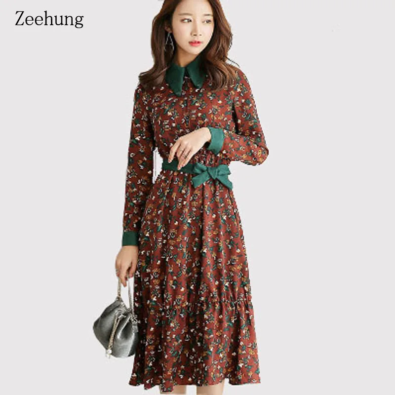 Zeehung/осеннее модное повседневное тонкое женское платье с высокой талией