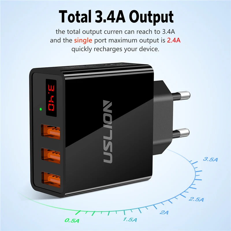 USLION 3.4A LED عرض 3 USB شاحن ل فون سامسونج Xiaomi هواوي ماكس 2.4A العالمي الهاتف المحمول USB شاحن سريع شحن