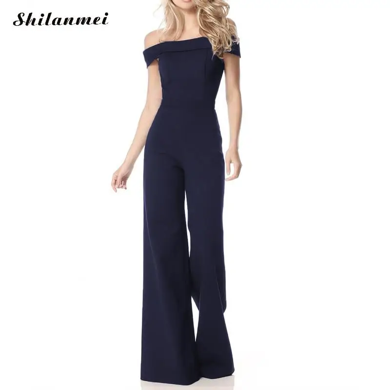 Sexy backless off shoulder deep blue jumpsuit women