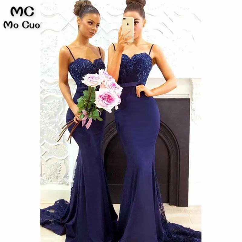 Navy Blue Mermaid Bridesmaid Dress with Beaded