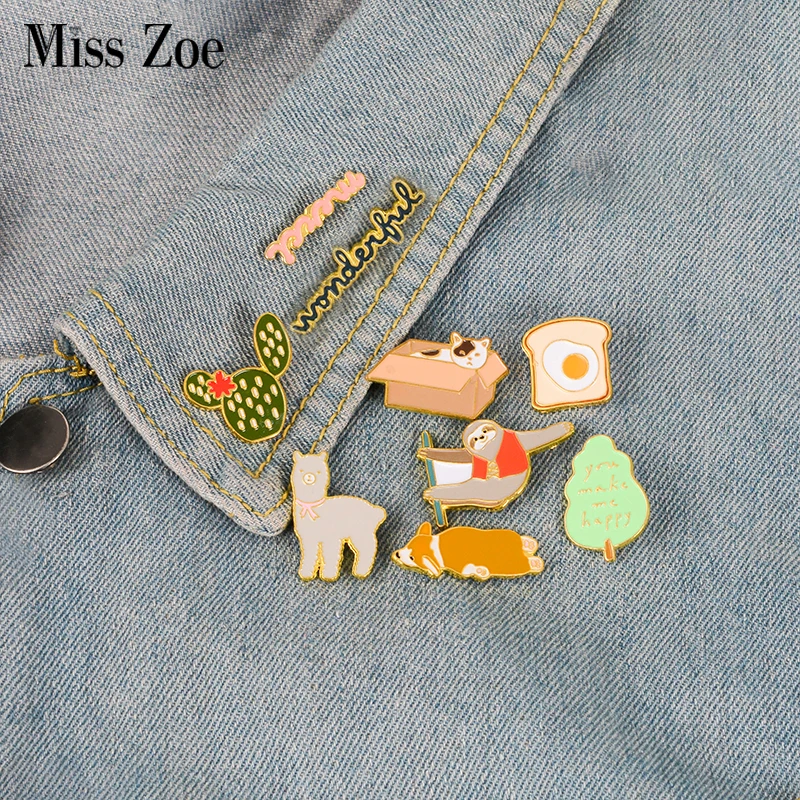 

Corgi Sloth Alpaca Cat Enamel Pin Toast Cactus Tree Merci badge brooch Lapel pin Denim Jeans shirt bag Cartoon Jewelry Gift