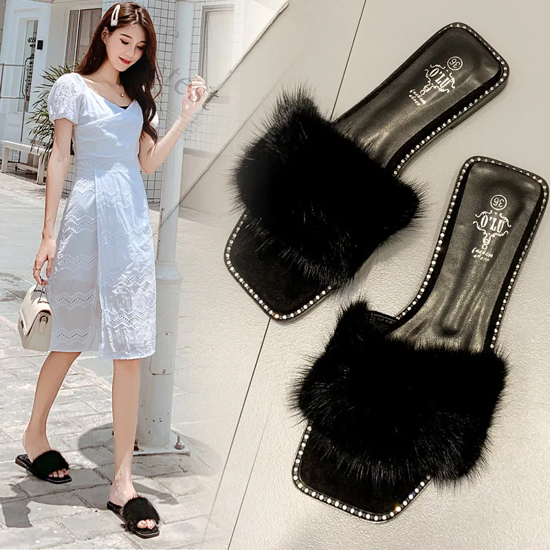 

Women's Slippers 2019 Pokemon Plush Slides Heeled Mules Peep Toe Woman Shoes Luxury New Fur Summer Sliders Heels Flat Designer