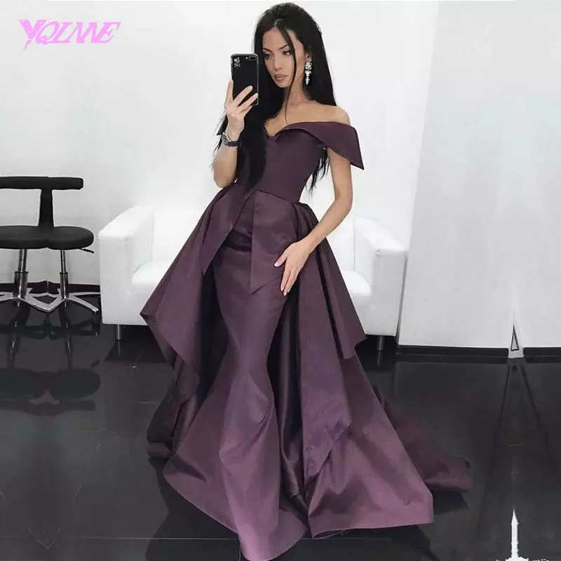 

YQLNNE Sexy Off the Shoulder Long Evening Dress Mermaid Purple Satin Zipper Back Sweep Train Vestido De Festa