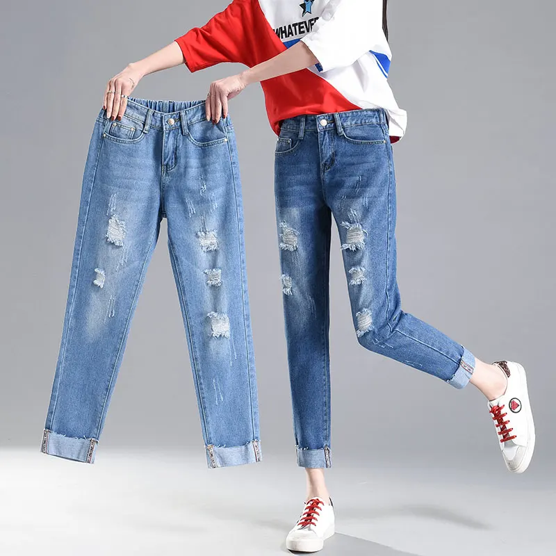 Бойфренд джинсы для Для женщин отверстие Рваные джинсы повседневные штаны-шаровары женские эластичные талии узкие джинсы для девочек