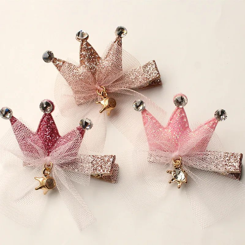 

20pcs/lot Modish Girls Glitter Crown Shape Hairpins Sequins Solid Hair Clip Gauze Bows Hair Crystal Crown Kids Children Hairpin