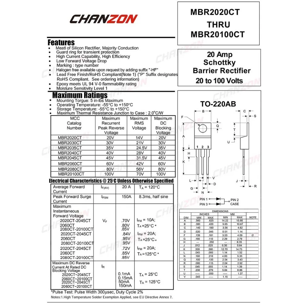 10 шт.) MBR20100CT с барьером Шоттки Диоды выпрямителя тока 20A 100 V TO-220AB(до 220) 20 Ампер 100 Вольт MBR20100 CT