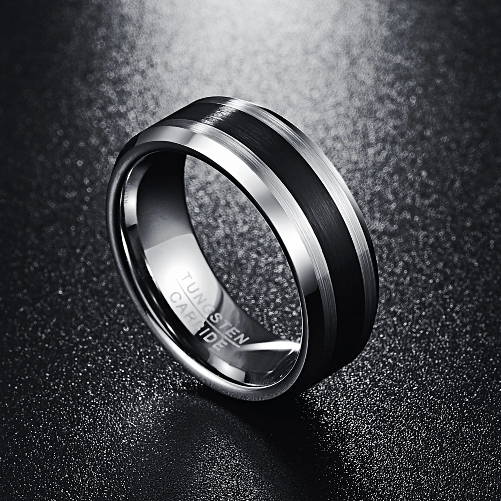 NUNCAD Mens 8MM Tungsten Ring Brushed Finish and Black Center Beveled Edge Size 5 to 14
