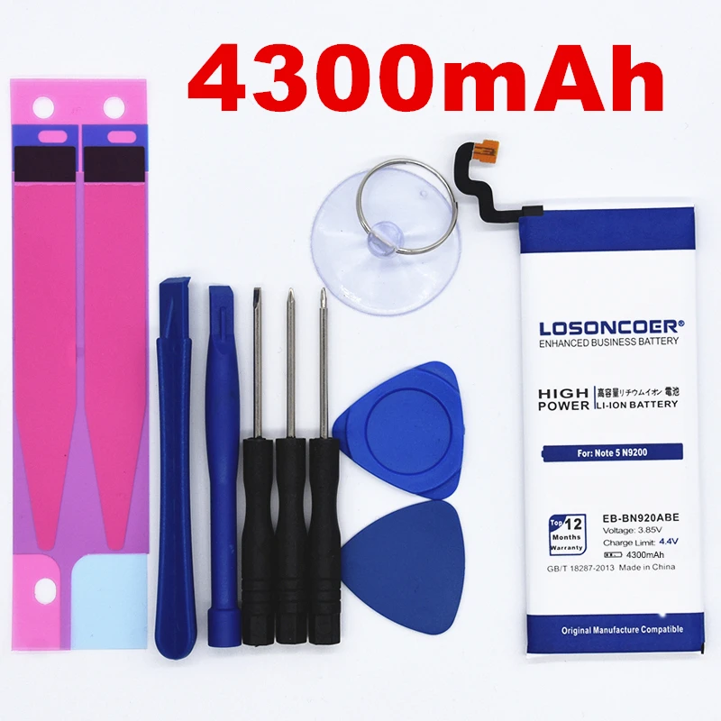

100% Original LOSONCOER 4300mAh EB-BN920ABE Replacement for Samsung GALAXY Note 5 Battery N9200 N920t N920c Project Noble