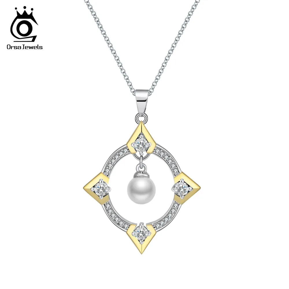 

ORSA JEWELS Pendants For Women China Window Pattern Hollowed With Genuine Pearl AAA CZ Girl Fashion Trendy Party Necklace ON153