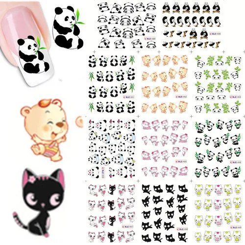 

11 Designs Cute Panda Pattern Stickers On Nails Black Cat Water Tattoo Slider Nail Art Decoration Full Wrap Tips BEBLE1489-1499