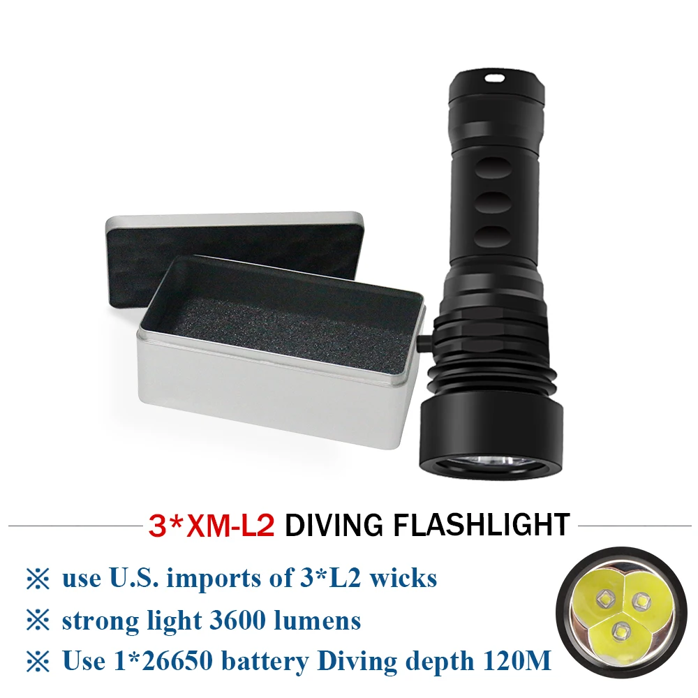 

Diving xml 3x L2 flashlight 26650 or 18650 rechargeable waterproof LED tactical flashlight photography video fill light linterna