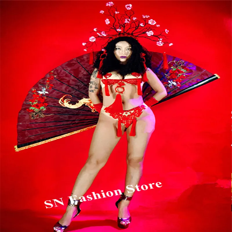 

K64 Red color sexy women bodysuit dj wears bikini catwalk performance show dresses outfit headdress flower party fan disco club