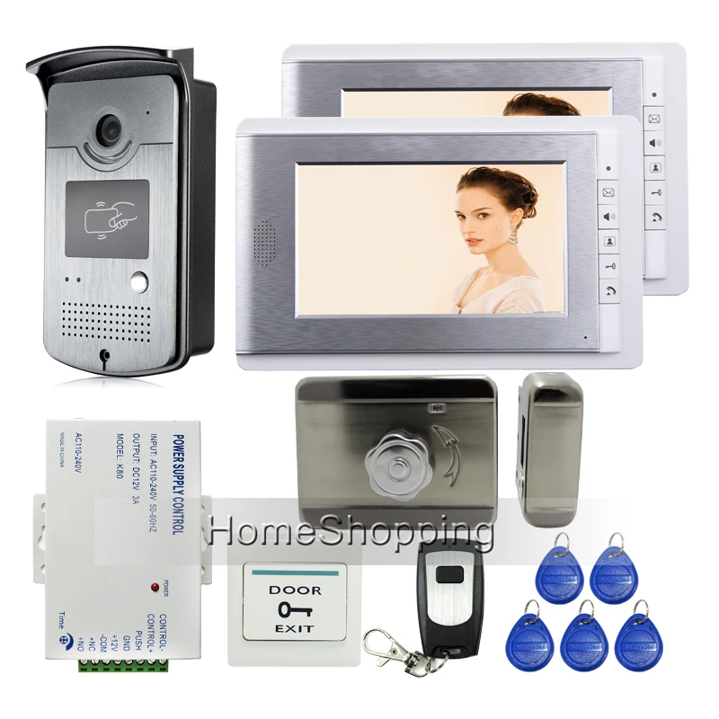 

New 7" Color Video Door Phone Intercom System + 2 Monitors + 1 RFID Access Outdoor Camera + Mute Electronic Lock Free Shipping